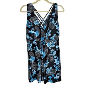 Aqua‎ Eve Black Blue Floral Paisley Criss Cross Strap Tankini Swim Top Plus 20W
